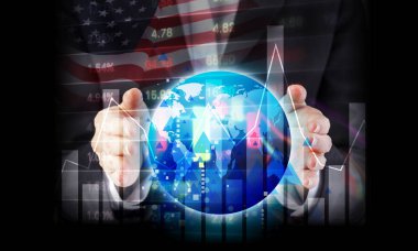 Yatırım kavramı iş kadın el ve dünya ABD borsa tasarımı ile