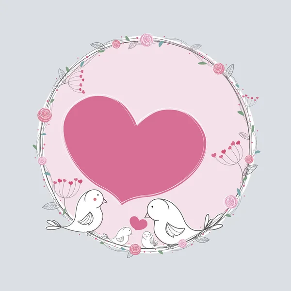 Liebe Konzepte von handgezeichneten weißen Familienvögeln auf Baum mit rosa Herz für Valentinstag und Hochzeit — Stockvektor