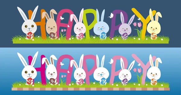 矢量可爱的小兔子在草地上举行鸡蛋的快乐复活节的概念。 — 图库矢量图片