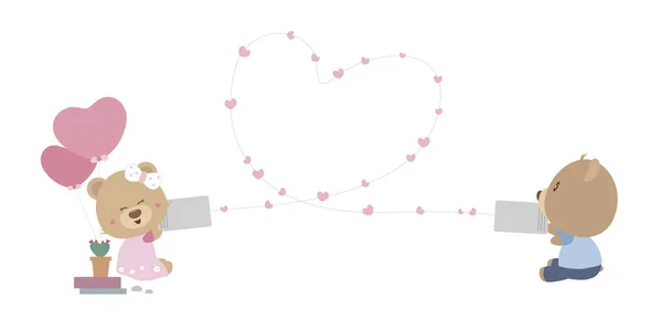 Liefde en Valentijnsdag concept van paar pop teddybeer spelen chat blikjes op witte achtergrond — Stockvector