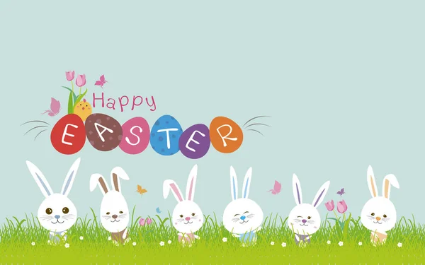 Šťastné Velikonoce pojmu roztomilý králík na zelené trávě s kopií prostor — Stockový vektor