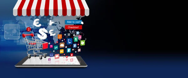 Concepto de compra en línea de carrito de compras en tableta digital y diseño de iconos con espacio para copias —  Fotos de Stock