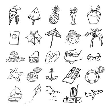Vektör sembolleri ve nesneleri yaz plaj için çizilmiş kümesi el