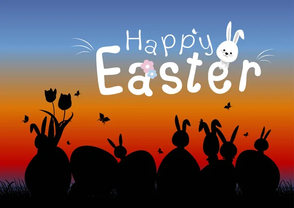 Šťastné Velikonoce koncept vajec a roztomilý zajíček v trávě za soumraku — Stockový vektor