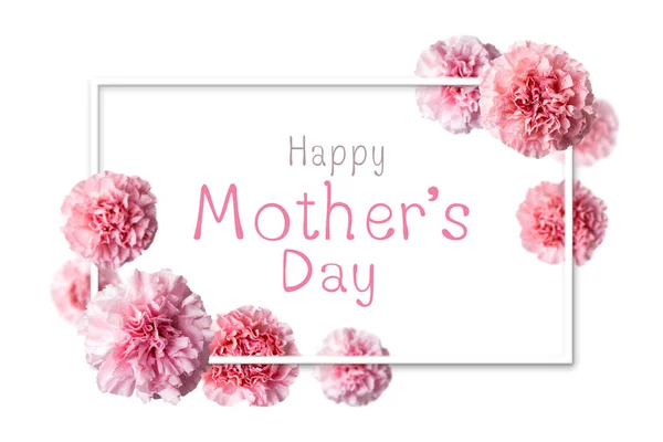 Mensagem do dia da mãe feliz em moldura branca com flores de cravo rosa no fundo branco — Fotografia de Stock