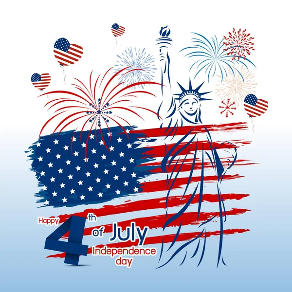 Vetor 4 Julho independência dia design da bandeira dos EUA e estátua da liberdade com fogos de artifício — Vetor de Stock