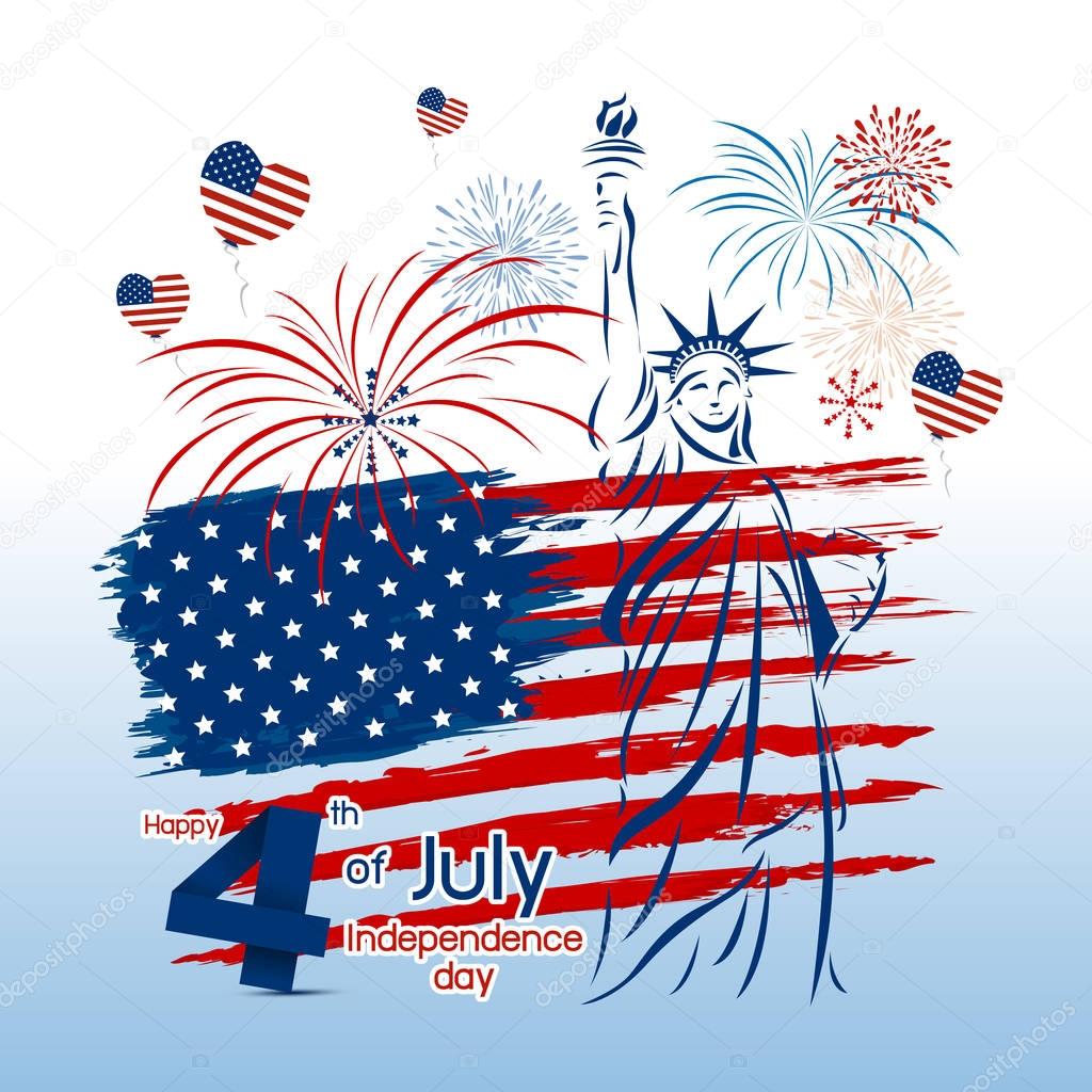 Vector 4 july independence day design of USA flag and liberty statue with fireworks