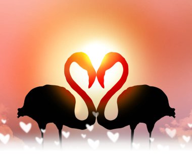 Love concept shape heart of couple flamingo at sunset clipart