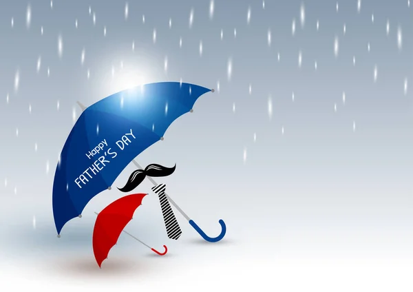 Vector feliz padre concepto de día o super papá de paraguas azul con bigote y protección de la corbata lluvia para paraguas rojo en día lluvioso — Vector de stock