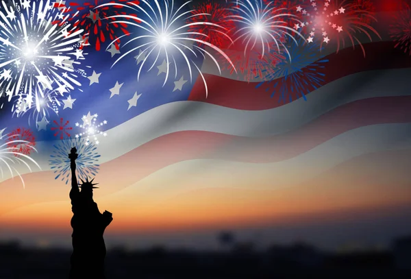 American flag with fireworks at twilight background design for 4 july independence day or other celebration — Stock Photo, Image