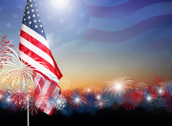 Amerikanische Flagge mit Feuerwerk in der Dämmerung Hintergrunddesign für den 4. Juli Unabhängigkeitstag oder andere Feierlichkeiten — Stockfoto