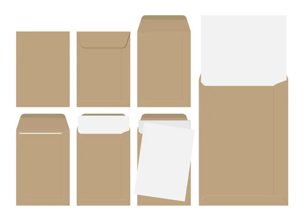 Conjunto vetorial de envelopes castanhos em branco com papel isolado sobre fundo branco —  Vetores de Stock