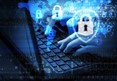 Güvenlik Internet anahtar ile dizüstü bilgisayar kullanan kadın kavramı