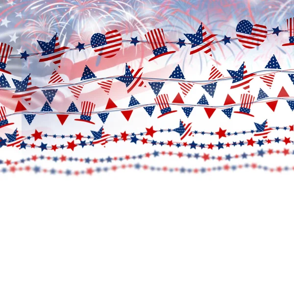 US-Flagge mit Feuerwerk auf weißem Hintergrund zum Unabhängigkeitstag oder anderen Feierlichkeiten — Stockfoto