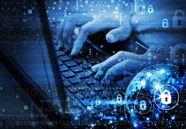 Küresel ağ güvenlik Internet kavramı dijital teknoloji ile dizüstü bilgisayar kullanan kadın