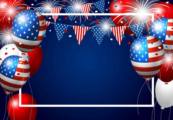 Projeto do balão do Vector USA da bandeira americana com fogos de artifício no fundo azul para o dia da independência de 4 de julho ou outra celebração — Vetor de Stock