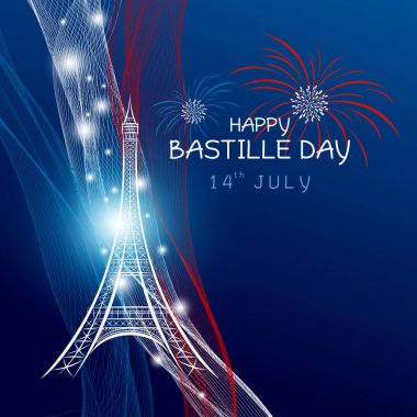 Vektör 14 Temmuz bastille günü paris Eyfel Kulesi ve Fransa bayrağı mavi arka plan üzerinde havai fişek ile tasarım