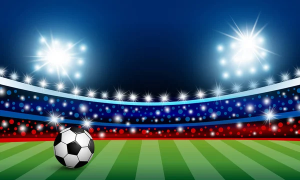 Vector fotboll på grönt gräs i stadionen med ljus — Stock vektor