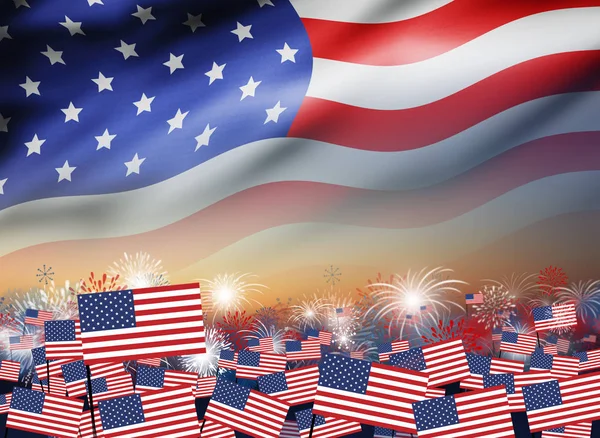 Usa Flagge mit Feuerwerk in der Dämmerung Hintergrund Design für 4 Juli Unabhängigkeitstag oder andere Feier — Stockfoto