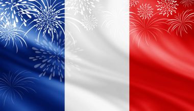 France flag with fireworks background for 14 july bastille day clipart