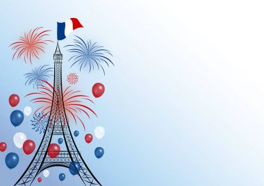 Vektör 14 Temmuz bastille günü tasarımı eiffel ile havai fişek ve balon