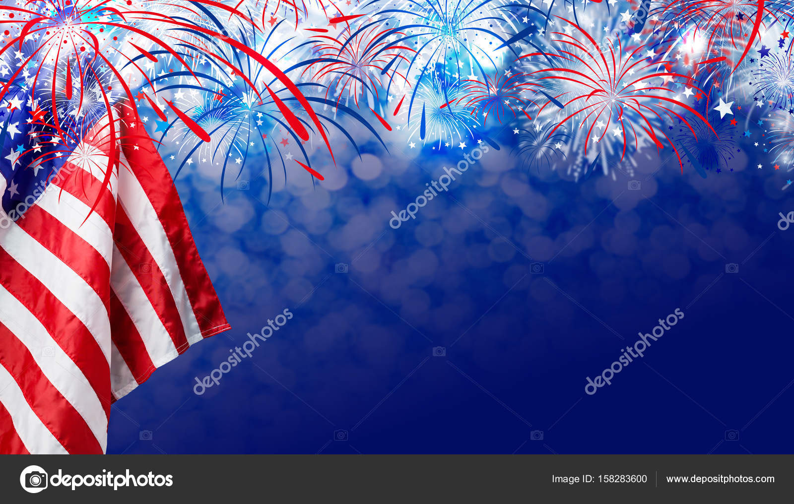 USA Flagge mit Feuerwerk Hintergrund für den 4. Juli Unabhängigkeitstag –  Stockfoto © Myimagine #158283600, image size:1600x1016