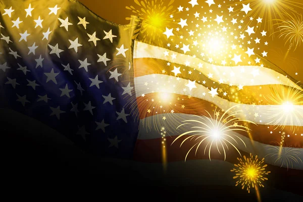 USA 4 juli självständighet dagdesign av Amerika flagga med guld fyrverkeri bakgrund — Stockfoto