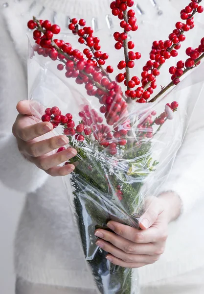 赤モチノキ渦状またはクリスマスの飾りつけ winterberry の女性両手 — ストック写真