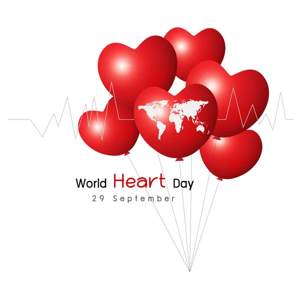 Vector 29 septiembre World Heart Day Concepto de diseño de globo rojo y mapa del mundo sobre fondo blanco — Vector de stock