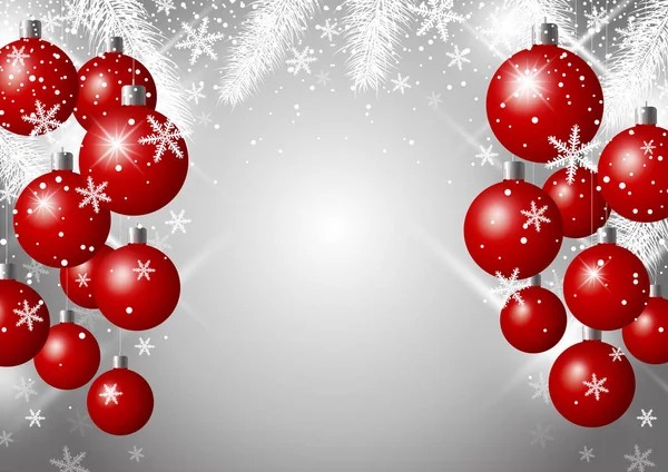 Vektor luxusní Vánoční pozadí design červené vánoční koule a jedlové větve sněhem — Stockový vektor