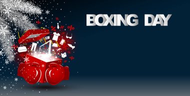 Boxing Günü Satılık konsept tasarımı kırmızı Boks eldiveni hediye kutusu moda ikonu ve havai fişek ile tutarak