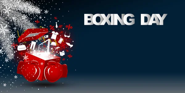 Boxing dia venda conceito design de luvas de boxe vermelho segurando caixa de presente com ícone de moda e fogos de artifício —  Vetores de Stock