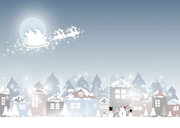 Navidad y Año Nuevo diseño de Santa Claus con renos y pueblo en invierno — Archivo Imágenes Vectoriales