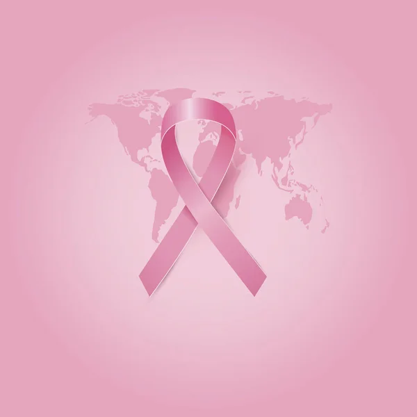 Месяц информированности о раке груди дизайн розовой ленты с картой мира — стоковый вектор