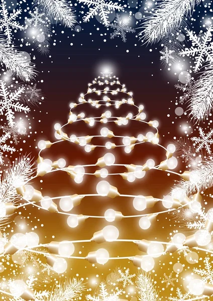 Рождественская елка дизайн лампочки с листьями ели и снегопад — стоковый вектор