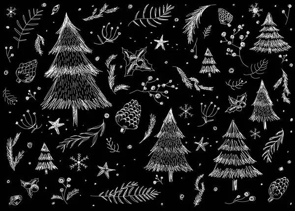 Hand gezeichnet Weihnachten Muster Hintergrunddesign auf schwarzem Hintergrund Vektor Illustration — Stockvektor