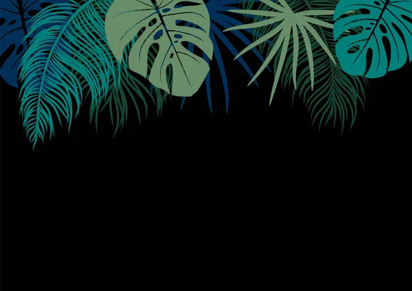 Tropische Blätter auf schwarzem Hintergrund mit Kopierraum-Vektorillustration — Stockvektor