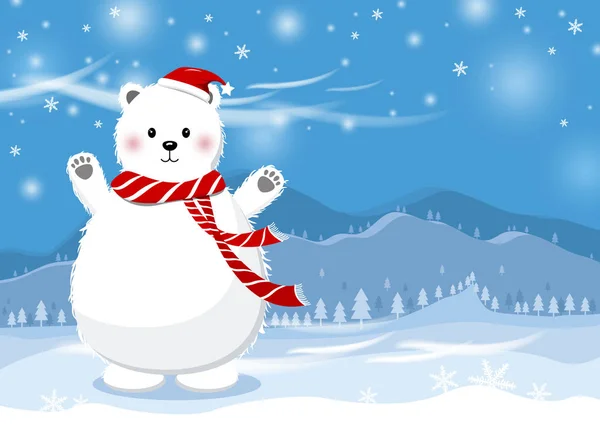 Natal conceito design de urso branco com chapéu no inverno montanha vetor ilustração — Vetor de Stock