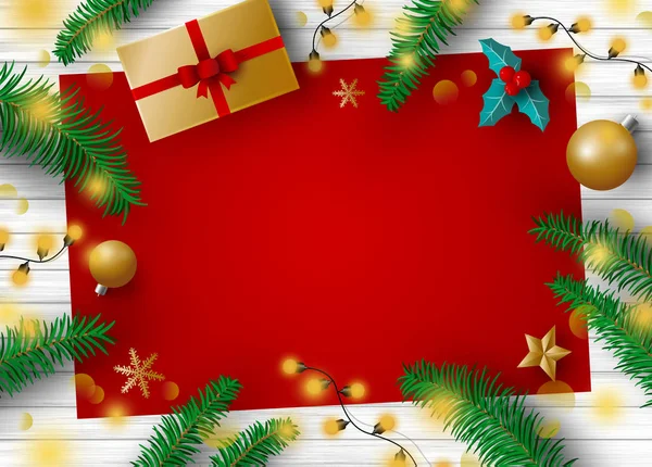 Decoración de Navidad de la caja de regalo hojas de pino bola y bombilla con ilustración de vectores de espacio de copia — Vector de stock