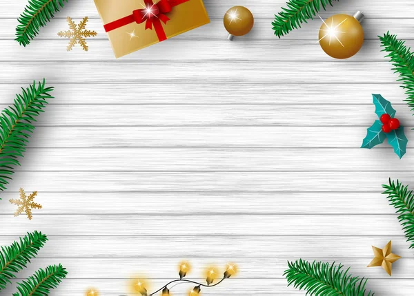Decoración de Navidad de la caja de regalo hojas de pino bola y bombilla con ilustración de vectores de espacio de copia — Vector de stock