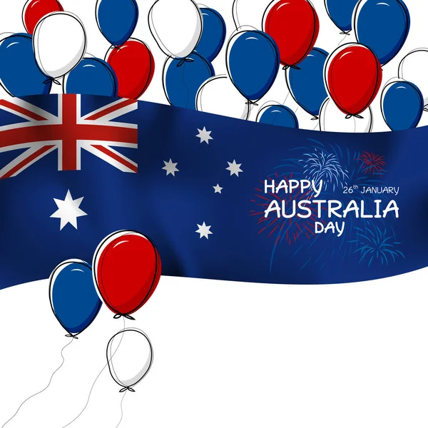 Australia day design von flagge und ballon mit feuerwerk auf weißem hintergrund vektorillustration — Stockvektor