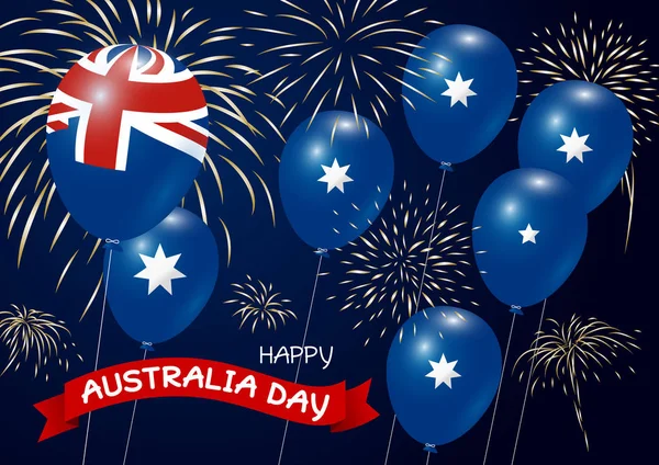 Australia diseño del día de bandera y globo con fuegos artificiales sobre fondo azul vector ilustración — Archivo Imágenes Vectoriales