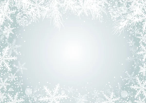 Diseño del concepto de fondo de Navidad de copo de nieve blanco y hojas de pino con ilustración de vectores de espacio de copia — Vector de stock