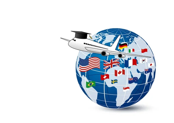 Estudo no exterior concepção de conceito de avião e educação mundial com bandeira nacional em fundo branco ilustração vetor —  Vetores de Stock