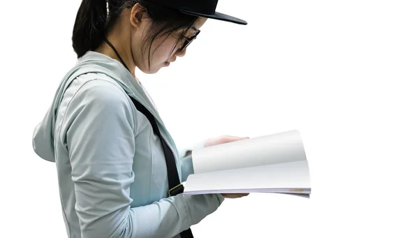 Young woman reading book isolated on white background — Stock Photo, Image