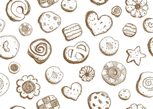 手描きクッキー柄ホワイト バック グラウンド ベクトル図でシームレスなデザイン — ストックベクタ
