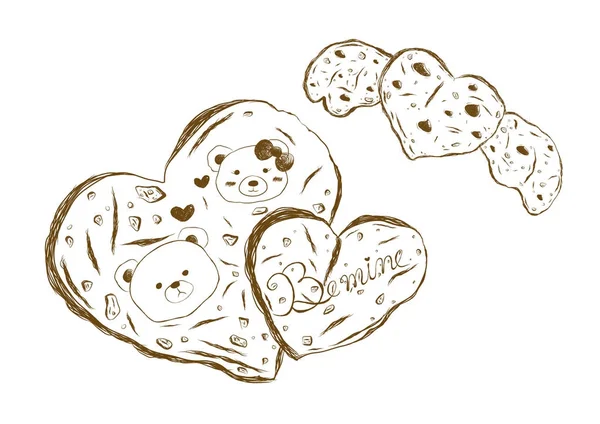 Cookies hart vorm schets geïsoleerd op een witte achtergrond vectorillustratie — Stockvector
