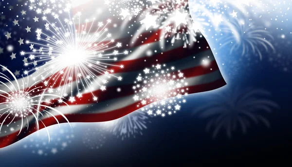 Bandiera USA o America con disegno di fuochi d'artificio di notte Illustrazione del giorno dell'indipendenza — Foto Stock