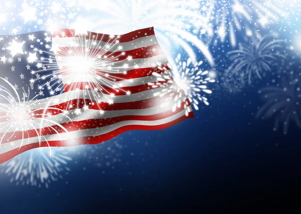 Bandiera USA o America con disegno di fuochi d'artificio di notte Illustrazione del giorno dell'indipendenza — Foto Stock