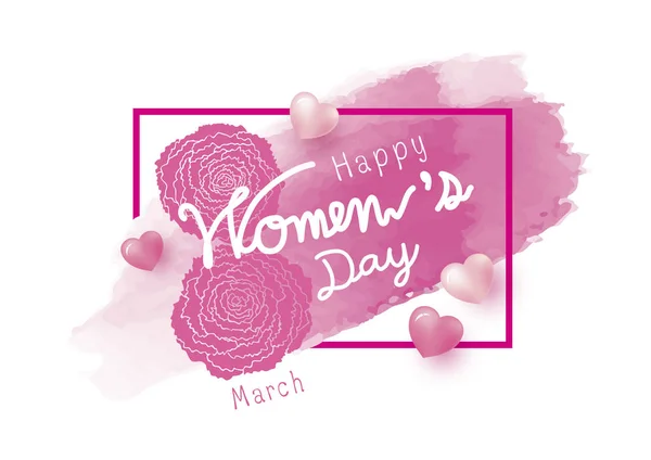 8 Mart mutlu kadın gün tasarım karanfil çiçek ve beyaz arka plan vektör çizim üzerinde kalpli pembe suluboya fırça — Stok Vektör